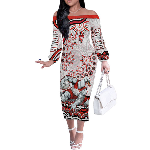 Personalized Sydney Swans Football Mascot Family Matching Off The Shoulder Long Sleeve Dress and Hawaiian Shirt Aboriginal Dot Art - Dreamtime Football Mascot