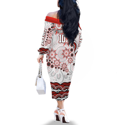 Personalized Sydney Swans Football Mascot Family Matching Off The Shoulder Long Sleeve Dress and Hawaiian Shirt Aboriginal Dot Art - Dreamtime Football Mascot