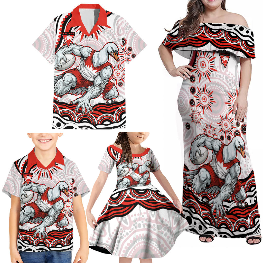 Personalized Sydney Swans Football Mascot Family Matching Off Shoulder Maxi Dress and Hawaiian Shirt Aboriginal Dot Art - Dreamtime Football Mascot