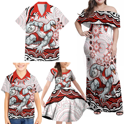 Personalized Sydney Swans Football Mascot Family Matching Off Shoulder Maxi Dress and Hawaiian Shirt Aboriginal Dot Art - Dreamtime Football Mascot