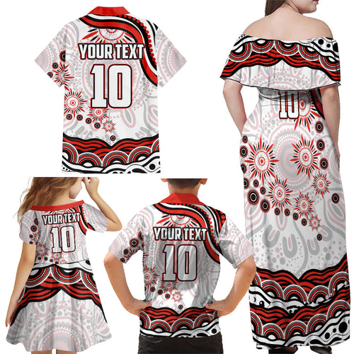Personalized Sydney Swans Football Mascot Family Matching Off Shoulder Maxi Dress and Hawaiian Shirt Aboriginal Dot Art - Dreamtime Football Mascot
