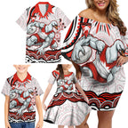 Personalized Sydney Swans Football Mascot Family Matching Off Shoulder Short Dress and Hawaiian Shirt Aboriginal Dot Art - Dreamtime Football Mascot