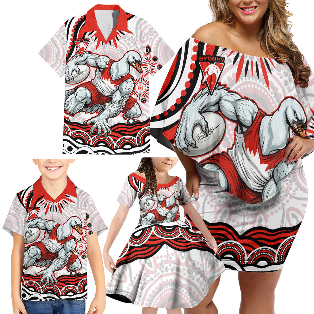 Personalized Sydney Swans Football Mascot Family Matching Off Shoulder Short Dress and Hawaiian Shirt Aboriginal Dot Art - Dreamtime Football Mascot