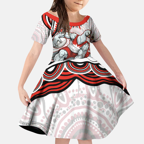 Personalized Sydney Swans Football Mascot Family Matching Off Shoulder Short Dress and Hawaiian Shirt Aboriginal Dot Art - Dreamtime Football Mascot