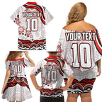 Personalized Sydney Swans Football Mascot Family Matching Off Shoulder Short Dress and Hawaiian Shirt Aboriginal Dot Art - Dreamtime Football Mascot