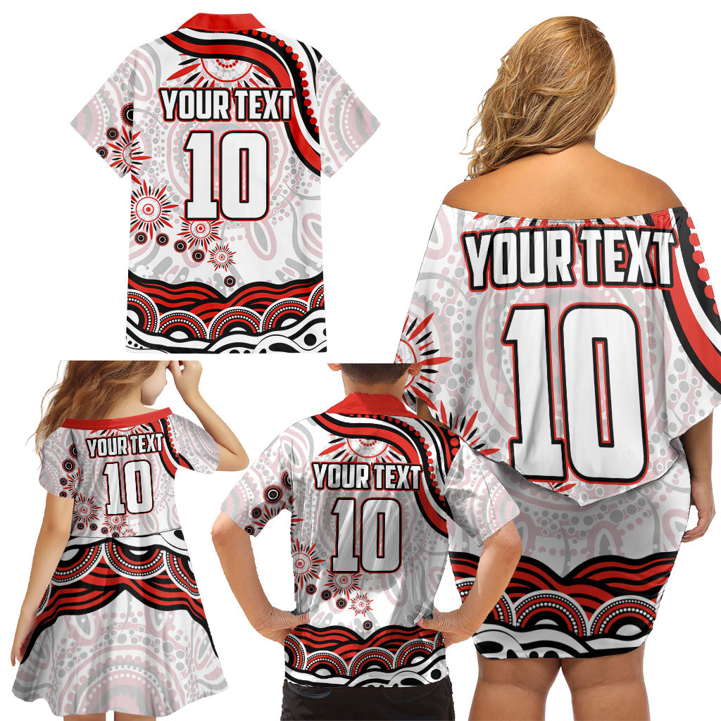 Personalized Sydney Swans Football Mascot Family Matching Off Shoulder Short Dress and Hawaiian Shirt Aboriginal Dot Art - Dreamtime Football Mascot