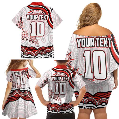 Personalized Sydney Swans Football Mascot Family Matching Off Shoulder Short Dress and Hawaiian Shirt Aboriginal Dot Art - Dreamtime Football Mascot