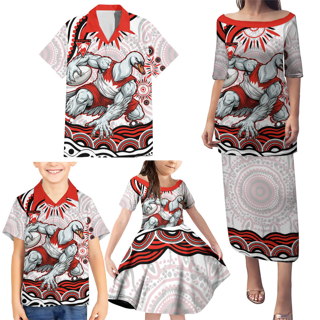 Personalized Sydney Swans Football Mascot Family Matching Puletasi and Hawaiian Shirt Aboriginal Dot Art - Dreamtime Football Mascot