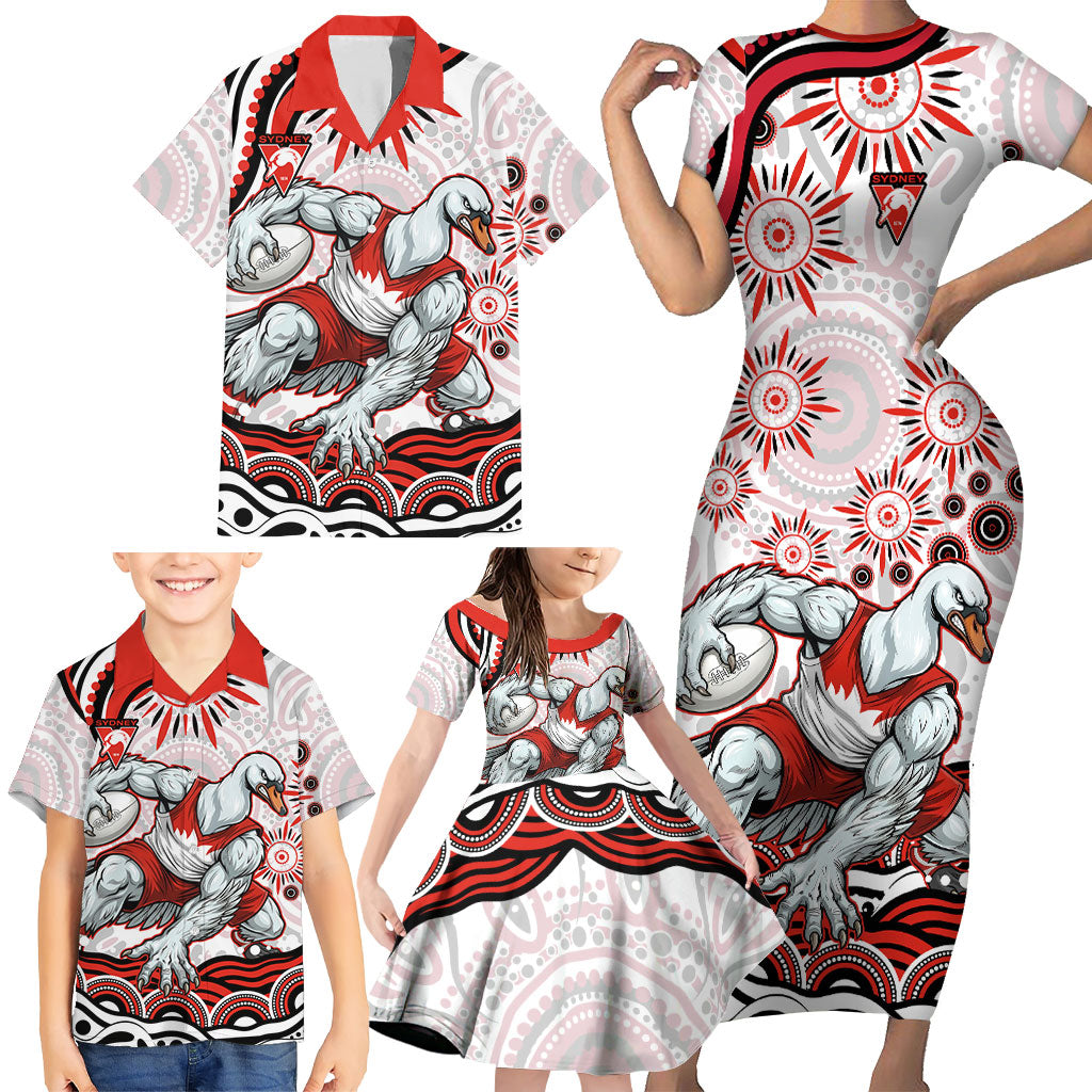 Personalized Sydney Swans Football Mascot Family Matching Short Sleeve Bodycon Dress and Hawaiian Shirt Aboriginal Dot Art - Dreamtime Football Mascot