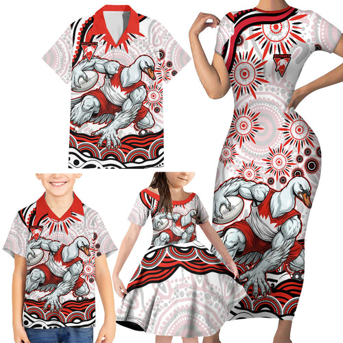Personalized Sydney Swans Football Mascot Family Matching Short Sleeve Bodycon Dress and Hawaiian Shirt Aboriginal Dot Art - Dreamtime Football Mascot