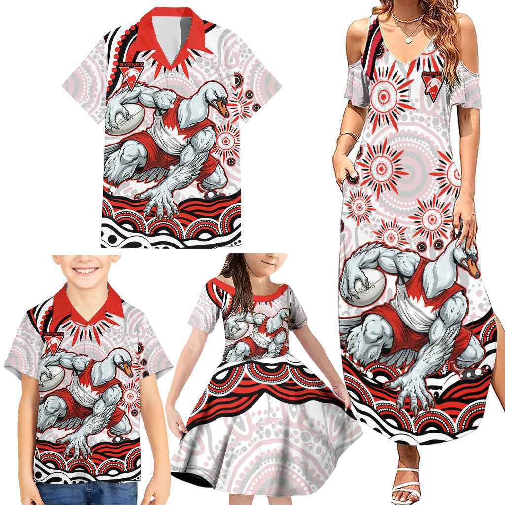 Personalized Sydney Swans Football Mascot Family Matching Summer Maxi Dress and Hawaiian Shirt Aboriginal Dot Art - Dreamtime Football Mascot