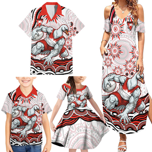 Personalized Sydney Swans Football Mascot Family Matching Summer Maxi Dress and Hawaiian Shirt Aboriginal Dot Art - Dreamtime Football Mascot