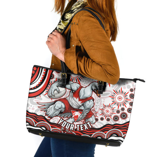 Personalized Sydney Swans Football Mascot Leather Tote Bag Aboriginal Dot Art - Dreamtime Football Mascot