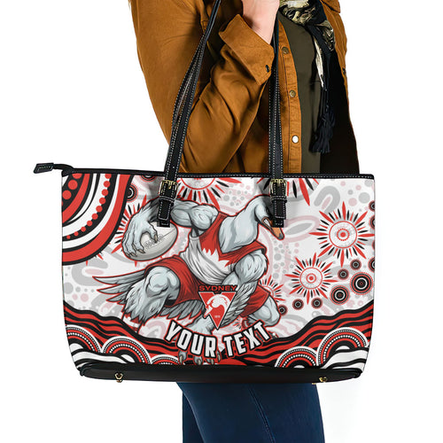 Personalized Sydney Swans Football Mascot Leather Tote Bag Aboriginal Dot Art - Dreamtime Football Mascot