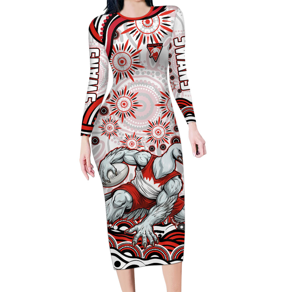 Personalized Sydney Swans Football Mascot Long Sleeve Bodycon Dress Aboriginal Dot Art - Dreamtime Football Mascot