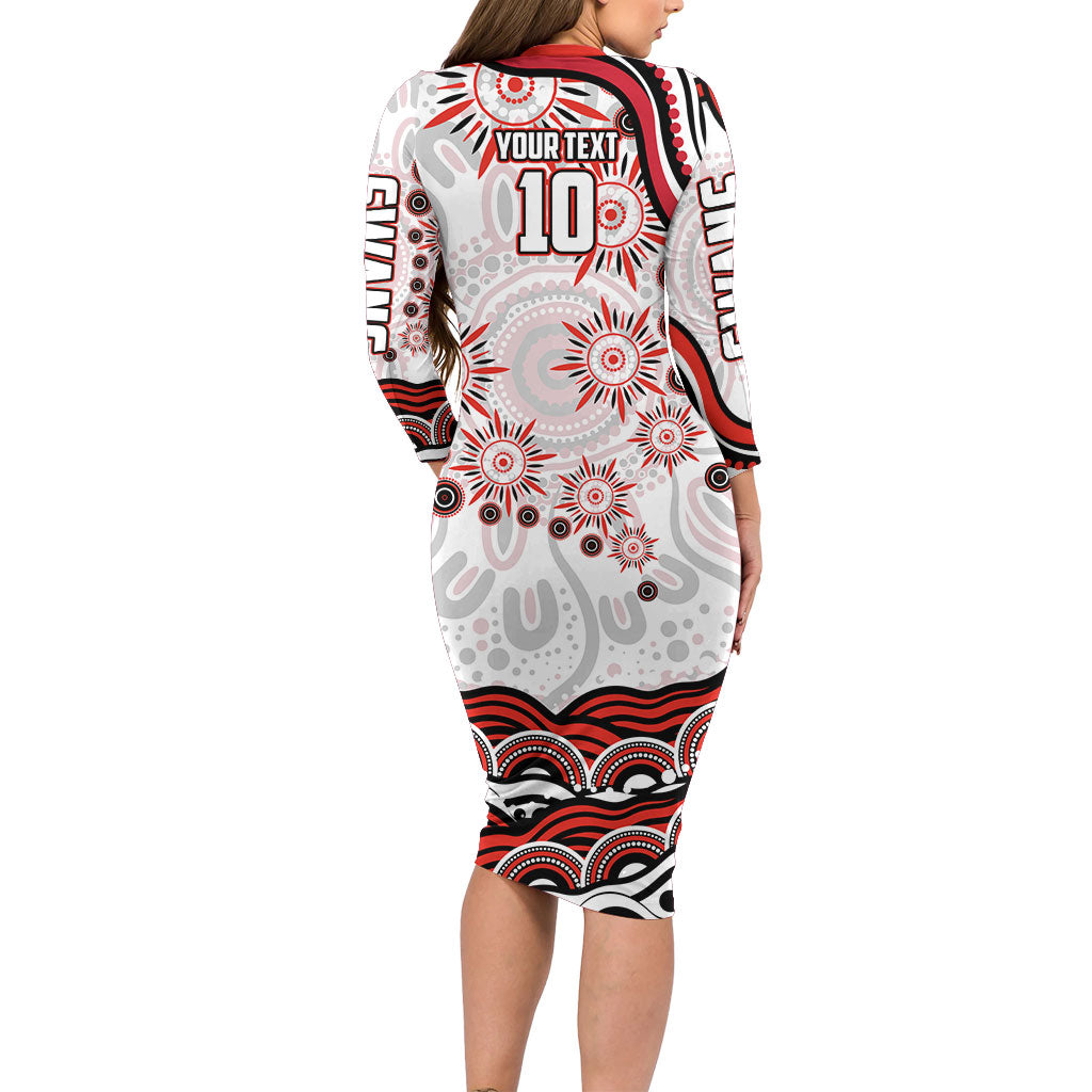Personalized Sydney Swans Football Mascot Long Sleeve Bodycon Dress Aboriginal Dot Art - Dreamtime Football Mascot