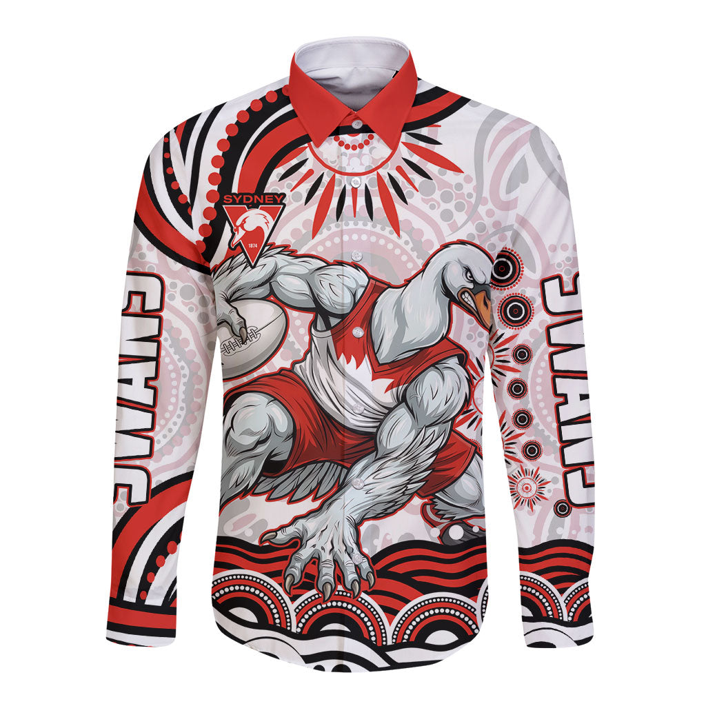 Personalized Sydney Swans Football Mascot Long Sleeve Button Shirt Aboriginal Dot Art - Dreamtime Football Mascot