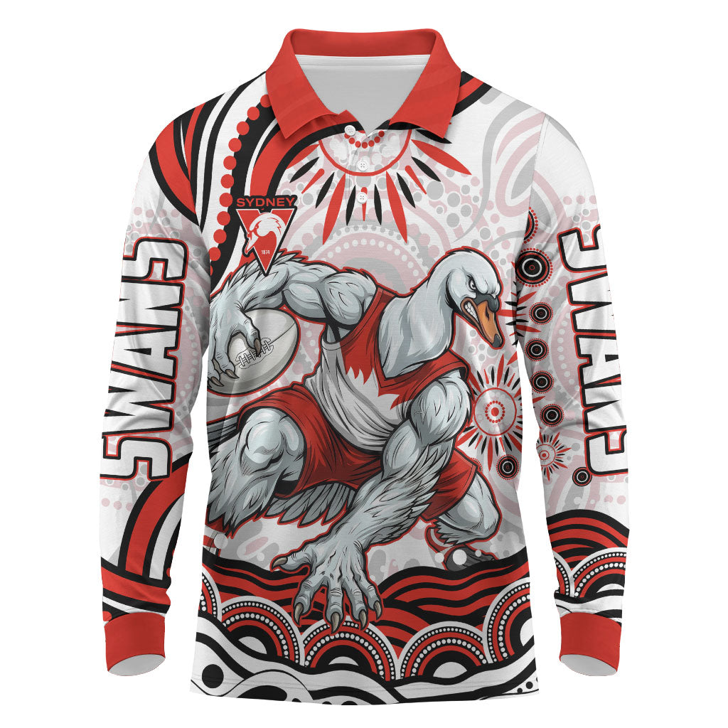 Personalized Sydney Swans Football Mascot Long Sleeve Polo Shirt Aboriginal Dot Art - Dreamtime Football Mascot