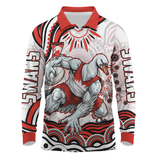 Personalized Sydney Swans Football Mascot Long Sleeve Polo Shirt Aboriginal Dot Art - Dreamtime Football Mascot