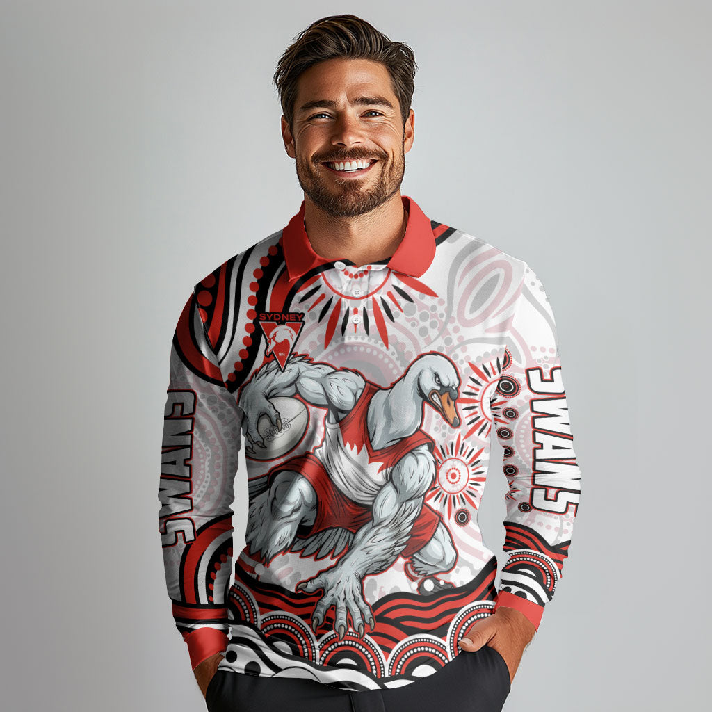 Personalized Sydney Swans Football Mascot Long Sleeve Polo Shirt Aboriginal Dot Art - Dreamtime Football Mascot