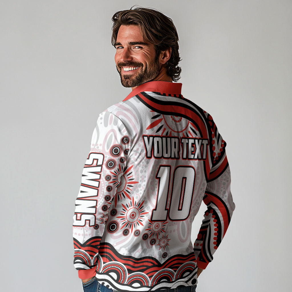 Personalized Sydney Swans Football Mascot Long Sleeve Polo Shirt Aboriginal Dot Art - Dreamtime Football Mascot