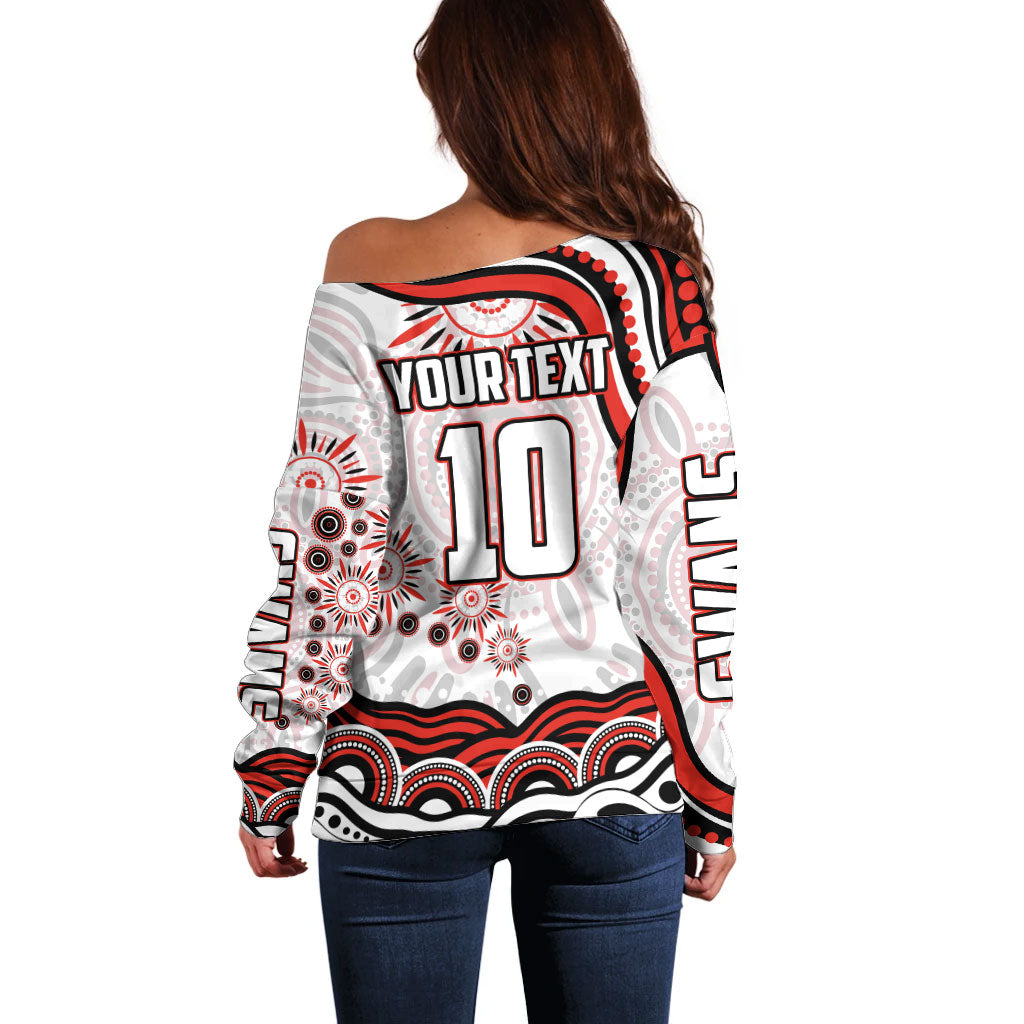 Personalized Sydney Swans Football Mascot Off Shoulder Sweater Aboriginal Dot Art - Dreamtime Football Mascot
