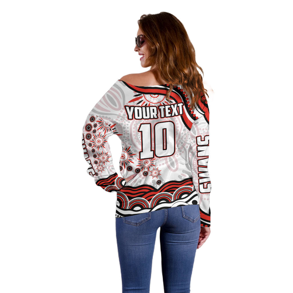 Personalized Sydney Swans Football Mascot Off Shoulder Sweater Aboriginal Dot Art - Dreamtime Football Mascot