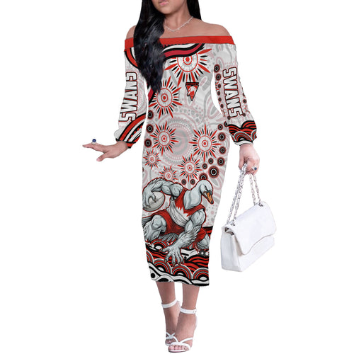 Personalized Sydney Swans Football Mascot Off The Shoulder Long Sleeve Dress Aboriginal Dot Art - Dreamtime Football Mascot