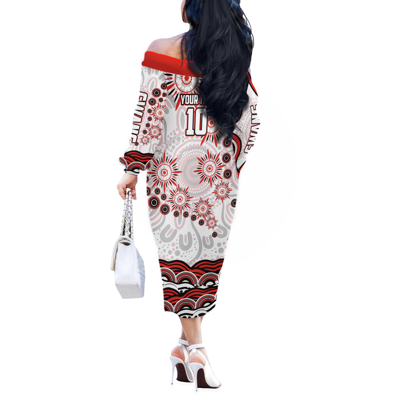 Personalized Sydney Swans Football Mascot Off The Shoulder Long Sleeve Dress Aboriginal Dot Art - Dreamtime Football Mascot