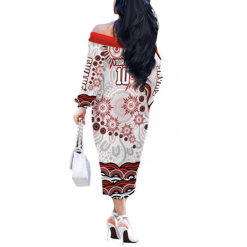 Personalized Sydney Swans Football Mascot Off The Shoulder Long Sleeve Dress Aboriginal Dot Art - Dreamtime Football Mascot