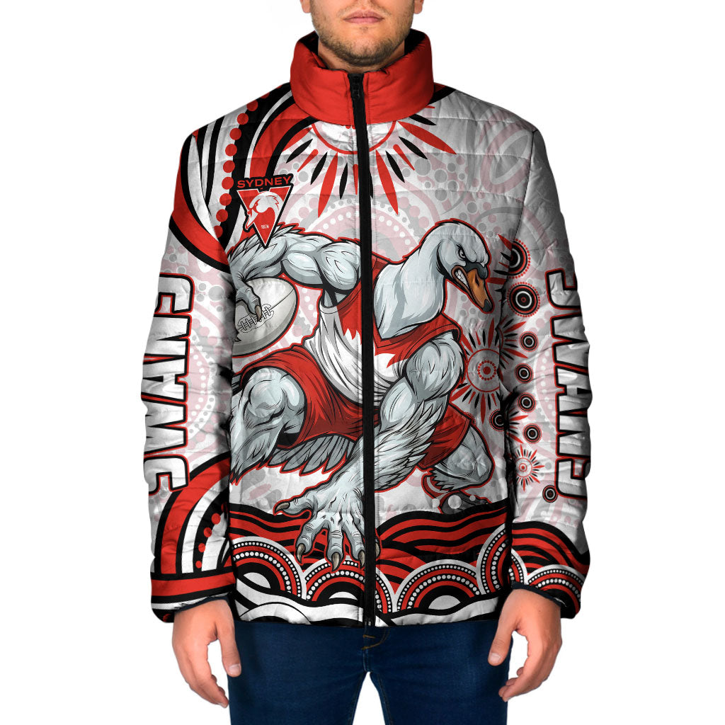 Personalized Sydney Swans Football Mascot Padded Jacket Aboriginal Dot Art - Dreamtime Football Mascot
