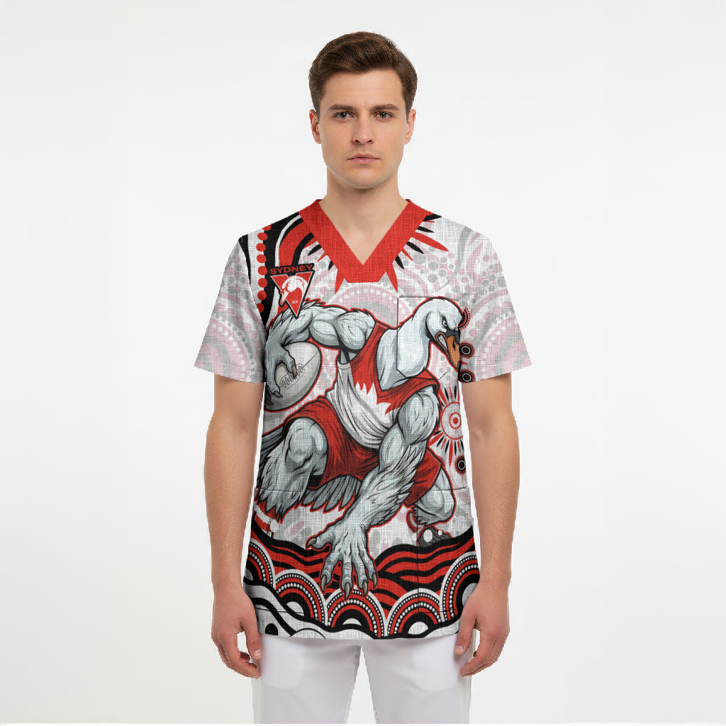 Personalized Sydney Swans Football Mascot Scrub Top Aboriginal Dot Art - Dreamtime Football Mascot