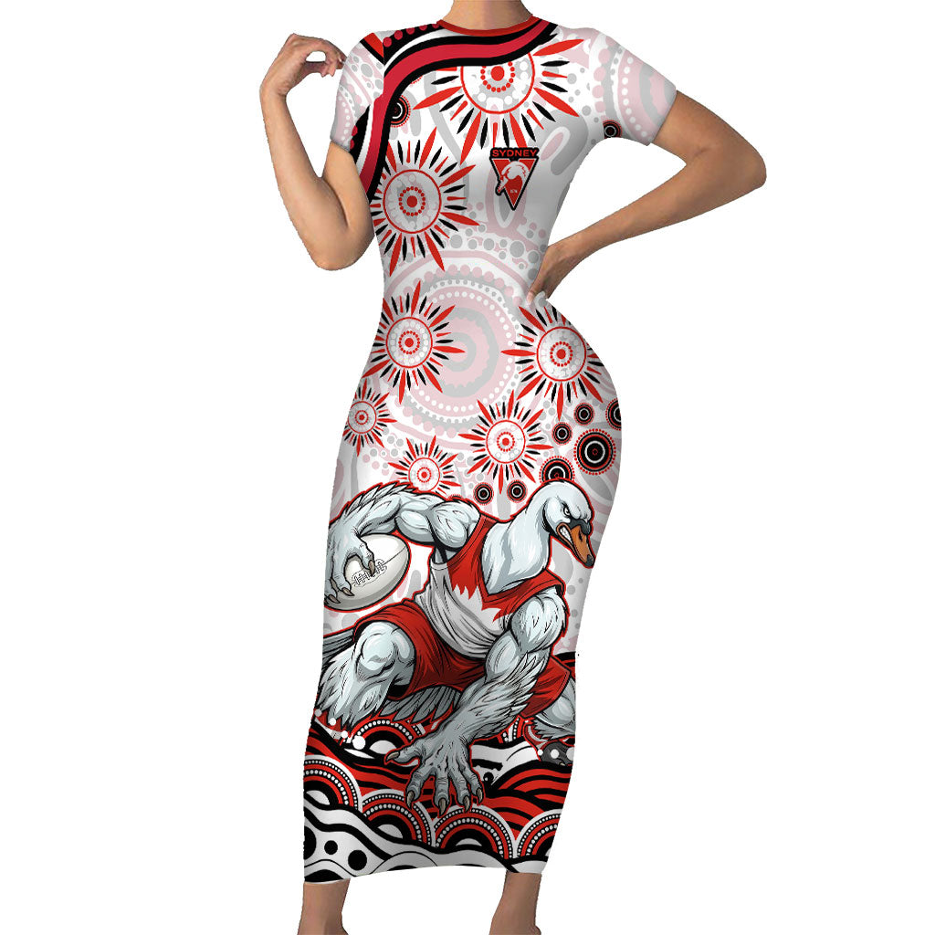 Personalized Sydney Swans Football Mascot Short Sleeve Bodycon Dress Aboriginal Dot Art - Dreamtime Football Mascot