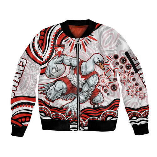 Personalized Sydney Swans Football Mascot Sleeve Zip Bomber Jacket Aboriginal Dot Art - Dreamtime Football Mascot