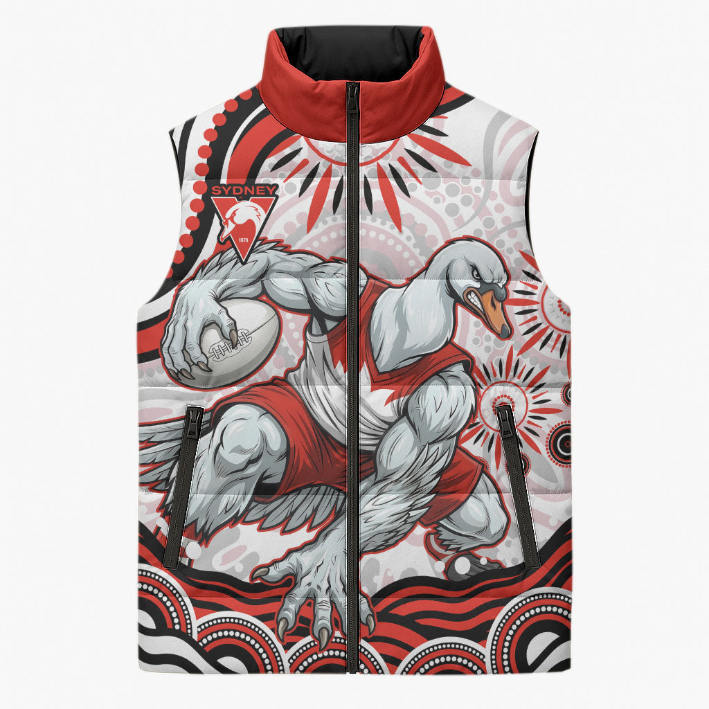 Personalized Sydney Swans Football Mascot Sleeveless Puffer Jacket Aboriginal Dot Art - Dreamtime Football Mascot