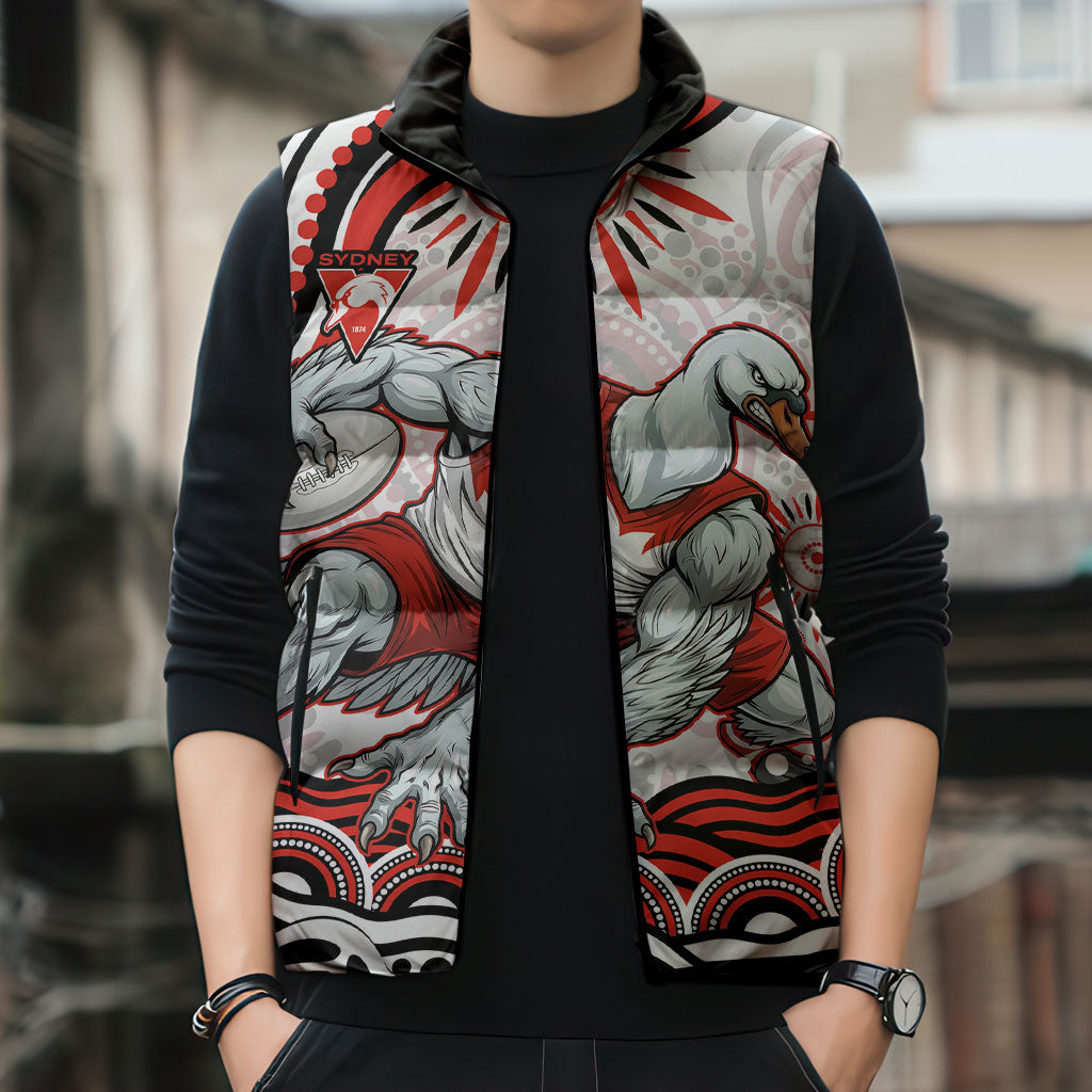 Personalized Sydney Swans Football Mascot Sleeveless Puffer Jacket Aboriginal Dot Art - Dreamtime Football Mascot