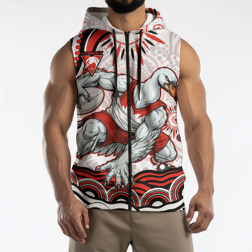 Personalized Sydney Swans Football Mascot Sleeveless Zip Hoodie Aboriginal Dot Art - Dreamtime Football Mascot