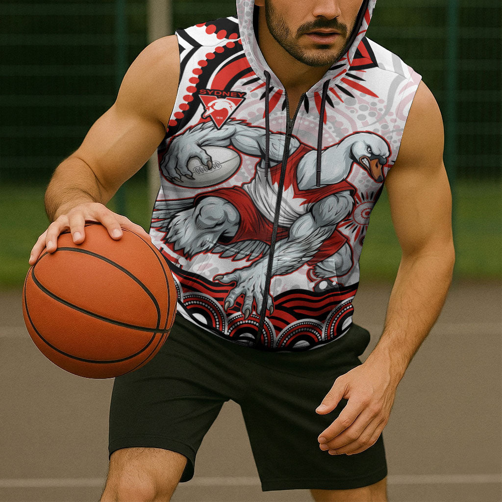 Personalized Sydney Swans Football Mascot Sleeveless Zip Hoodie Aboriginal Dot Art - Dreamtime Football Mascot