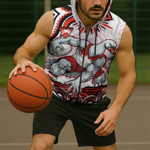 Personalized Sydney Swans Football Mascot Sleeveless Zip Hoodie Aboriginal Dot Art - Dreamtime Football Mascot