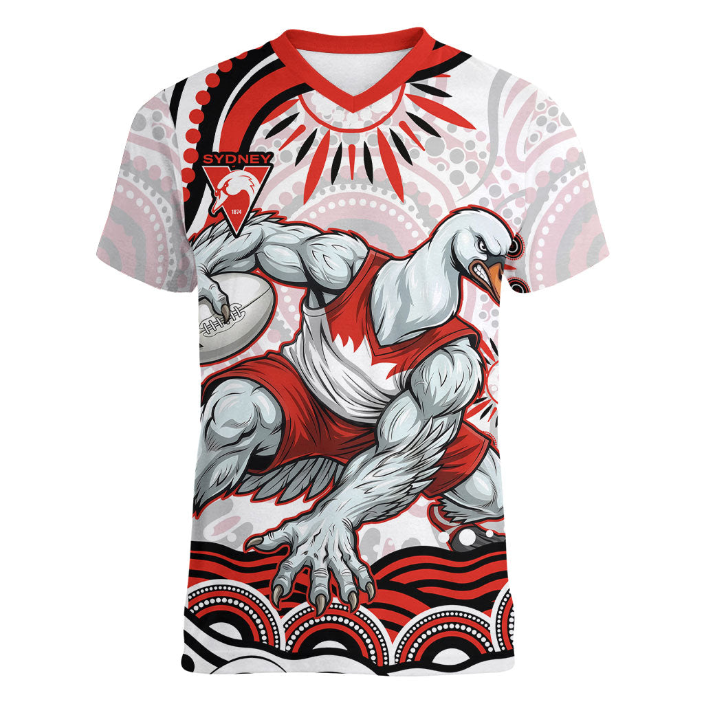 Personalized Sydney Swans Football Mascot Women V-Neck T-Shirt Aboriginal Dot Art - Dreamtime Football Mascot