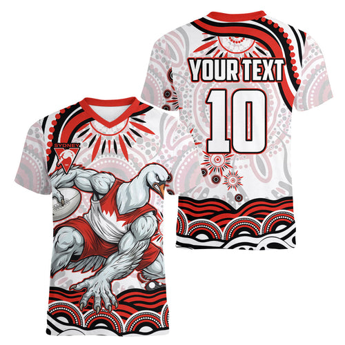 Personalized Sydney Swans Football Mascot Women V-Neck T-Shirt Aboriginal Dot Art - Dreamtime Football Mascot