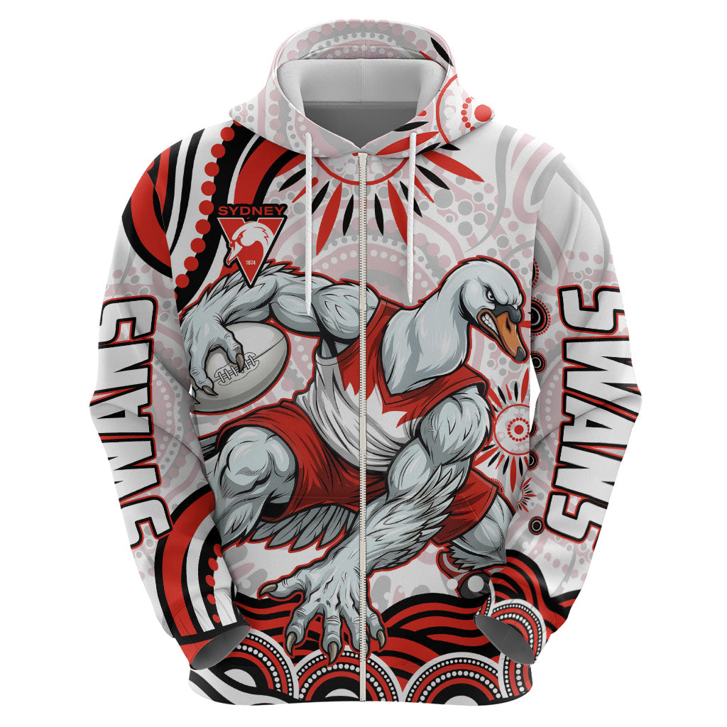 Personalized Sydney Swans Football Mascot Zip Hoodie Aboriginal Dot Art - Dreamtime Football Mascot