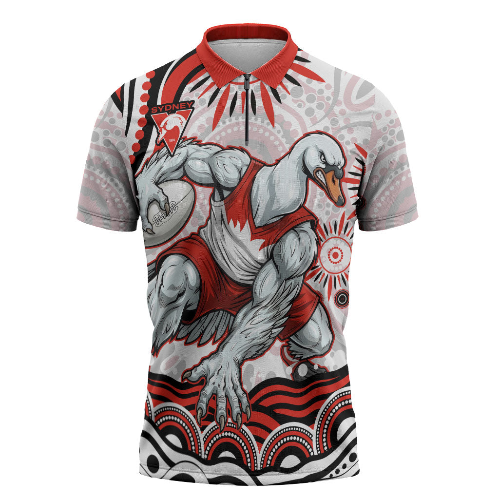 Personalized Sydney Swans Football Mascot Zipper Polo Shirt Aboriginal Dot Art - Dreamtime Football Mascot