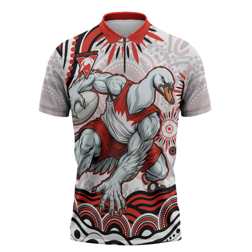 Personalized Sydney Swans Football Mascot Zipper Polo Shirt Aboriginal Dot Art - Dreamtime Football Mascot