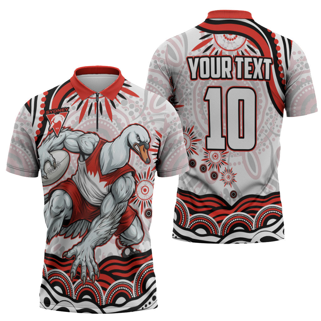 Personalized Sydney Swans Football Mascot Zipper Polo Shirt Aboriginal Dot Art - Dreamtime Football Mascot