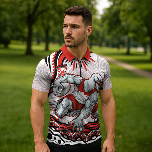 Personalized Sydney Swans Football Mascot Zipper Polo Shirt Aboriginal Dot Art - Dreamtime Football Mascot