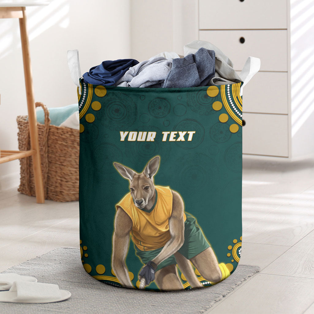 Personalized Kookaburras Field Hockey Kangaroo Laundry Basket Indigenous Australian Dot Art Style In Green And Gold