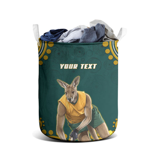 Personalized Kookaburras Field Hockey Kangaroo Laundry Basket Indigenous Australian Dot Art Style In Green And Gold