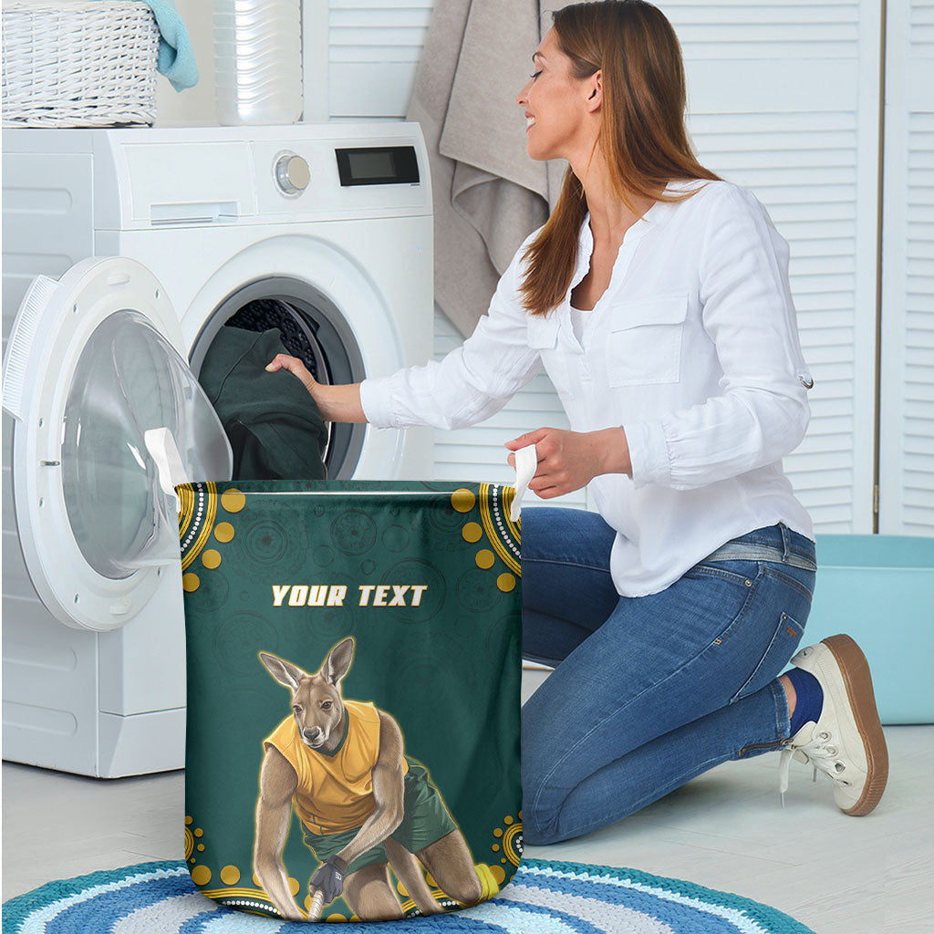 Personalized Kookaburras Field Hockey Kangaroo Laundry Basket Indigenous Australian Dot Art Style In Green And Gold