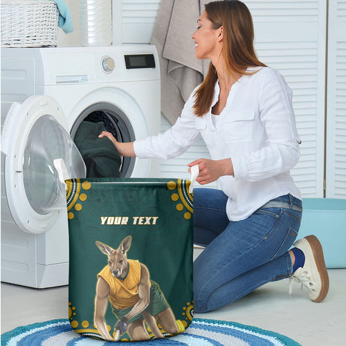 Personalized Kookaburras Field Hockey Kangaroo Laundry Basket Indigenous Australian Dot Art Style In Green And Gold